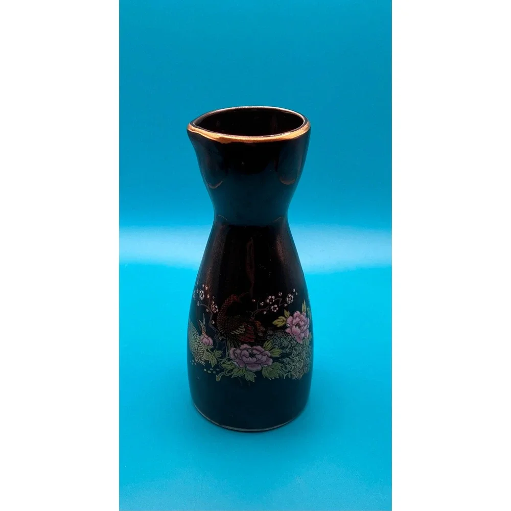 Pier 1 Imports Sake Carafe Black Gold Peacock Floral Made in Japan